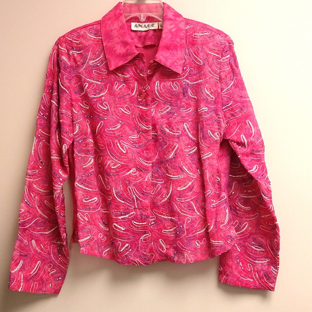 Pretty pink Anage sequin collared jacket in medium.